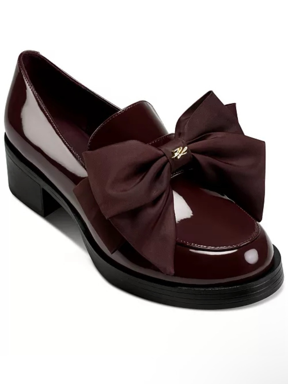 KARL LAGERFELD PARIS CAMILIA BOW LOAFERS IN WINE PATENT 8.5